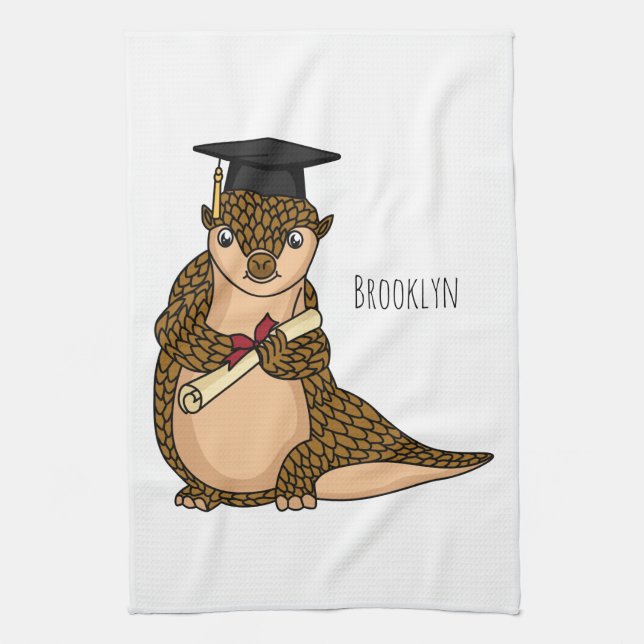 Cute pangolin graduating cartoon tea towel (Vertical)