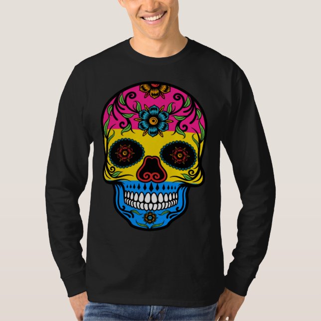 Cute Pansexual Pride Flag Sugar Skull T-Shirt (Front)
