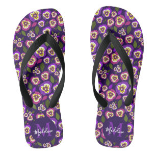Cute Pansies Pattern Purple Monogram Jandals