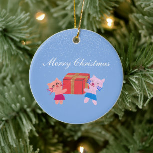 Cute Paper Collage Cats & Photo Blue Christmas Ceramic Tree Decoration