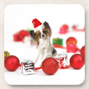 Cute Papillon Dog Christmas Santa Hat Coaster