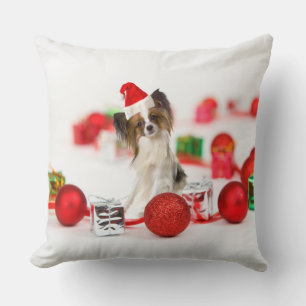 Cute Papillon Dog Christmas Santa Hat Cushion