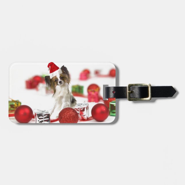 Cute Papillon Dog Christmas Santa Hat Luggage Tag (Front Horizontal)