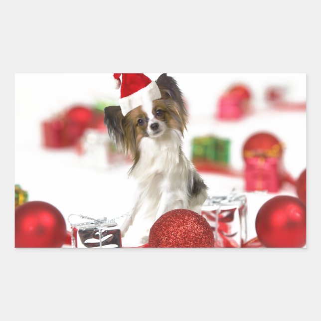 Cute Papillon Dog Christmas Santa Hat Rectangular Sticker (Front)