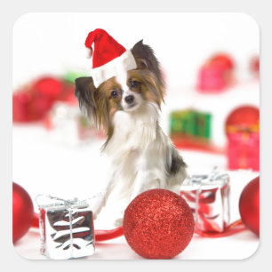 Cute Papillon Dog Christmas Santa Hat Square Sticker