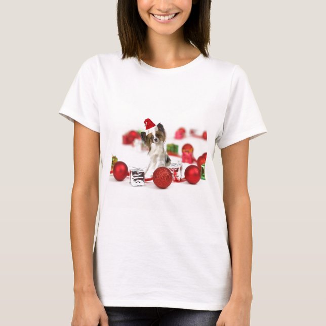 Cute Papillon Dog Christmas Santa Hat T-Shirt (Front)