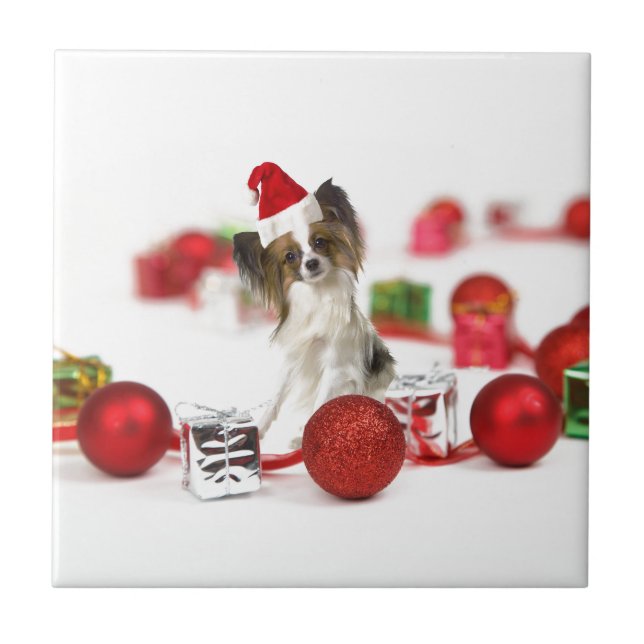 Cute Papillon Dog Christmas Santa Hat Tile (Front)