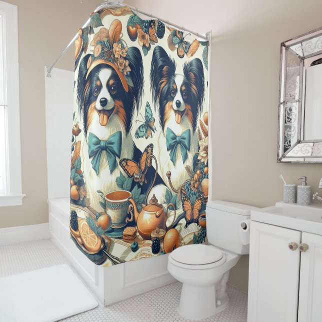 Cute Papillon Dog Illustration Shower Curtain (In Situ)