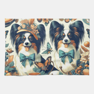 Cute Papillon Dog Illustration Tea Towel