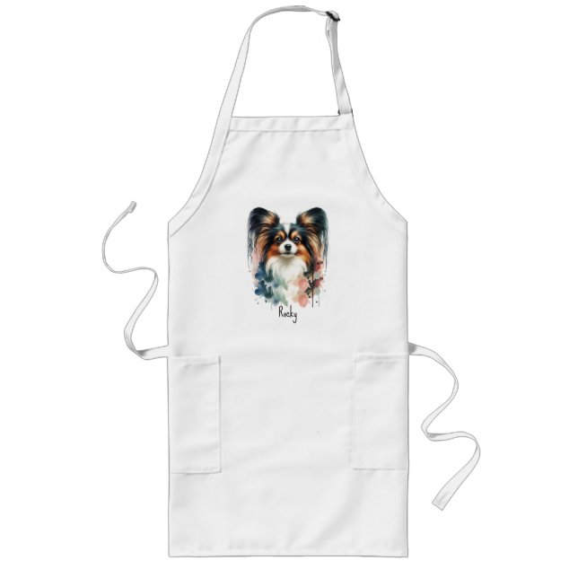 Cute Papillon Dog Watercolor Art  Long Apron (Front)