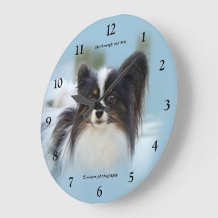Cute Papillon Toy Spaniel Dog at the Dock Large Clock