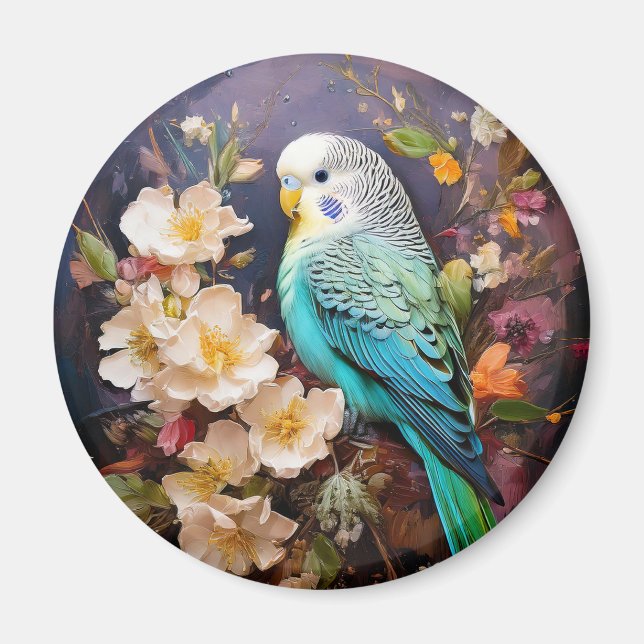 Cute Parakeet and Flowers Magnet (Front)