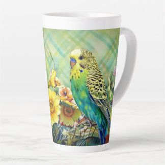 Cute Parakeet and Wildflowers on Plaid Background Latte Mug