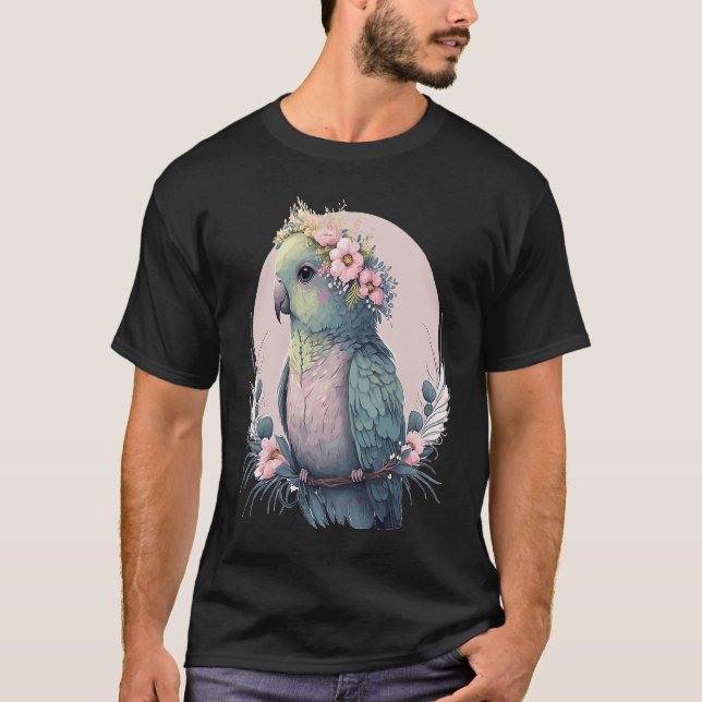 Cute Parakeet Budgie Bird Flower Crown Pet Birds T-Shirt (Front)