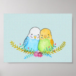 Cute Parakeet Budgies Pet Birds Floral Portrait Poster