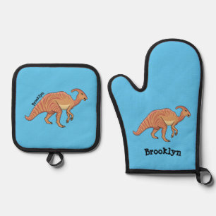 Cute parasaurolophus dinosaur cartoon illustration oven mitt & pot holder set