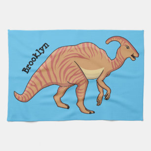Cute parasaurolophus dinosaur cartoon illustration tea towel