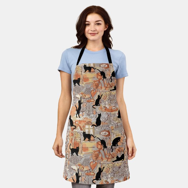 Cute Paris Café Black Cats On Grey & Brown Pattern Apron (Worn)