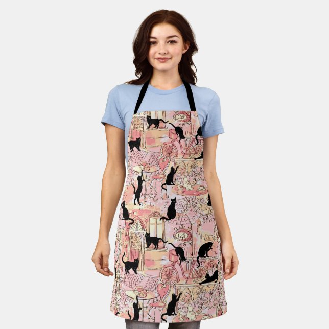 Cute Paris Café Black Cats On Pink & Gold Pattern Apron (Worn)