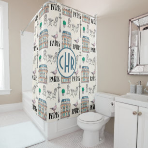 Cute Paris Street Scene   Watercolor Monogram Shower Curtain
