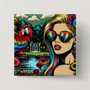 Cute Parrot and Beautiful Woman in Garden 15 Cm Square Badge