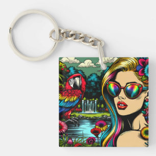 Cute Parrot and Beautiful Woman in Garden Key Ring