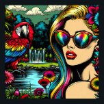 Cute Parrot and Beautiful Woman in Garden Poster<br><div class="desc">Retro pop art comic style art beautiful woman in sunglasses with a pretty colourful parrot by her. She is surrounded by nature,  a pond and flowers.</div>