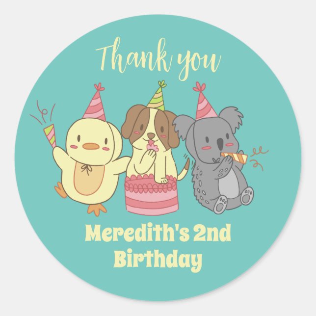 Cute Party Animal Cartoon Kids Birthday Party Classic Round Sticker (Front)