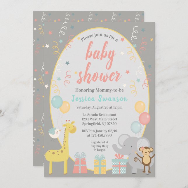 Cute Party Animals Baby Shower Invitation - Pink (Front/Back)