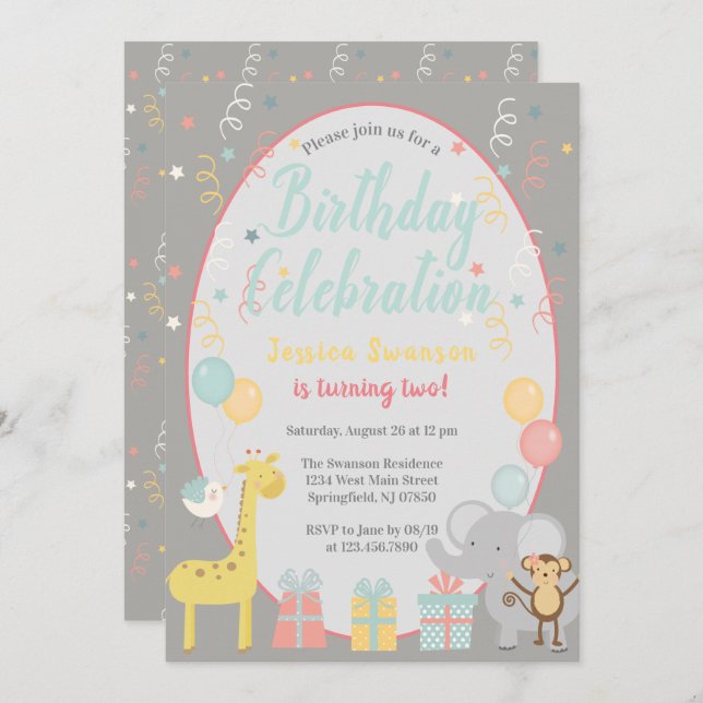 Cute Party Animals Birthday Celebration Blue Invitation (Front/Back)