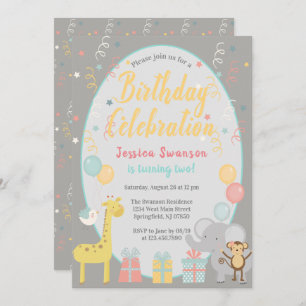 Cute Party Animals Birthday Celebration Yellow Invitation