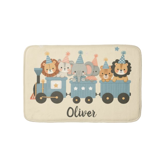 Cute Party Animals on Train Personalised Bath Mat (Front)