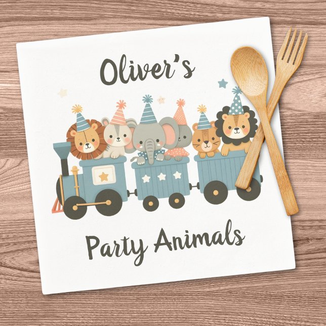 Cute Party Animals on Train Personalised Napkin (Creator Uploaded)