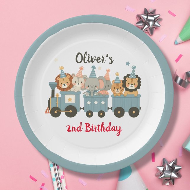 Cute Party Animals on Train Personalised Paper Plate (Creator Uploaded)