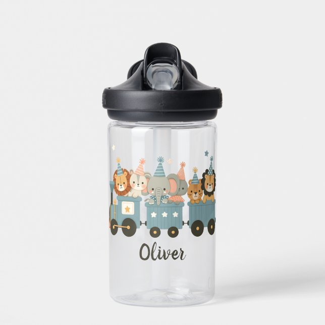 Cute Party Animals on Train Personalised Water Bottle (Front)