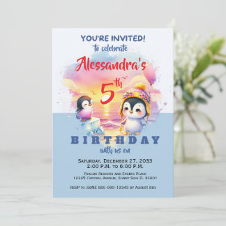 Cute Party Animals Penguin Kids Birthday Party  Invitation