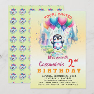 Cute Party Animals Penguin Kids Boy Girl Invitation