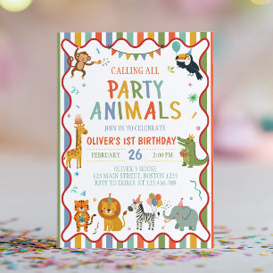 Cute Party Animals Safari Kids Birthday Invitation