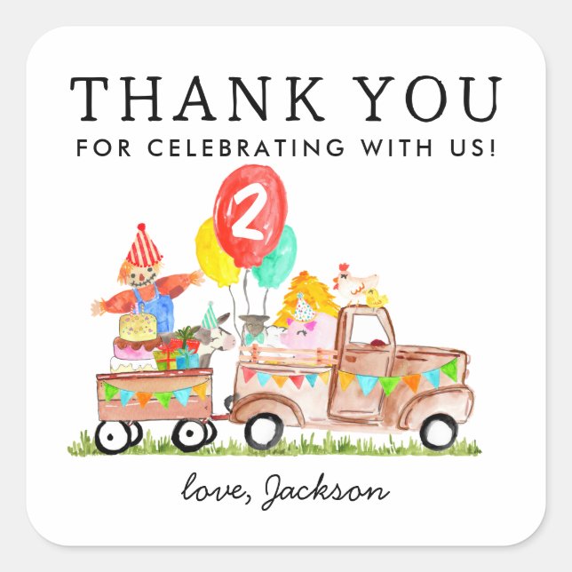 Cute Party Animals Truck Barn Kids Farm Birthday Square Sticker (Front)