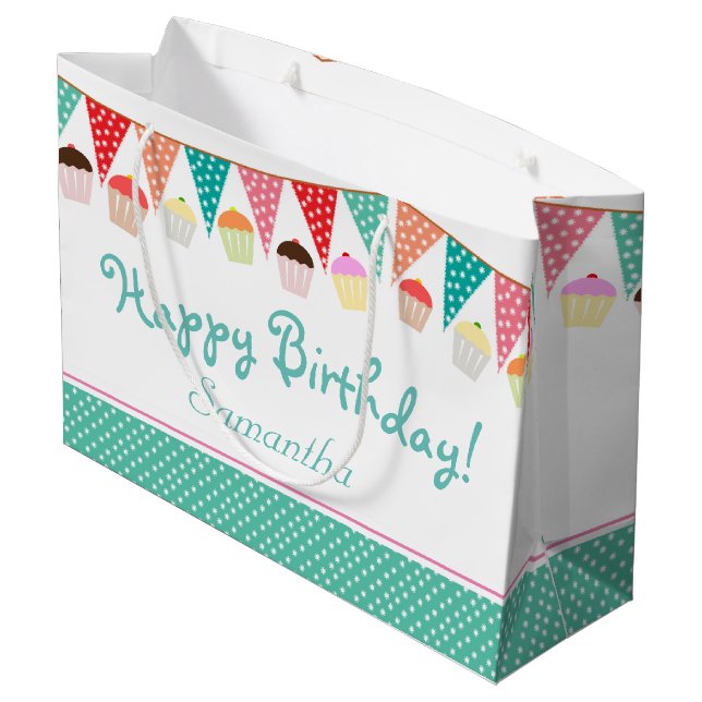 Cute Party Bunting and Cakes Personalised Birthday Large Gift Bag (Back Angled)