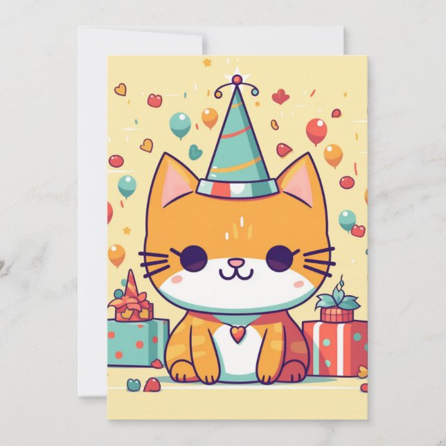Cute party cat birthday,  invitation (Front)