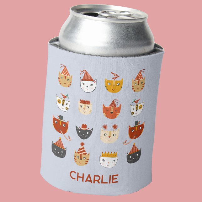 Cute Party Cat Personalised Name Can Cooler (Fun party kitty cats personalized custom name can cooler)