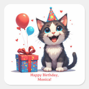 Cute Party Cat With Birthday Gift 🎂 Square Sticker