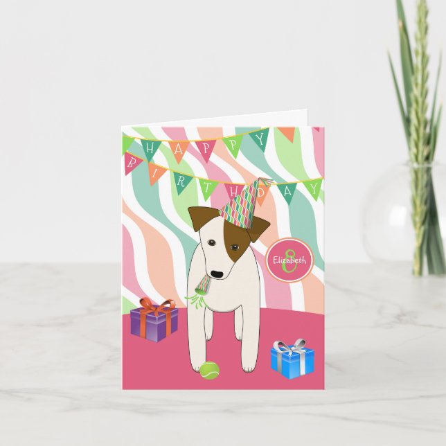 cute party dog cartoon JRT girl's happy birthday Card (Front)