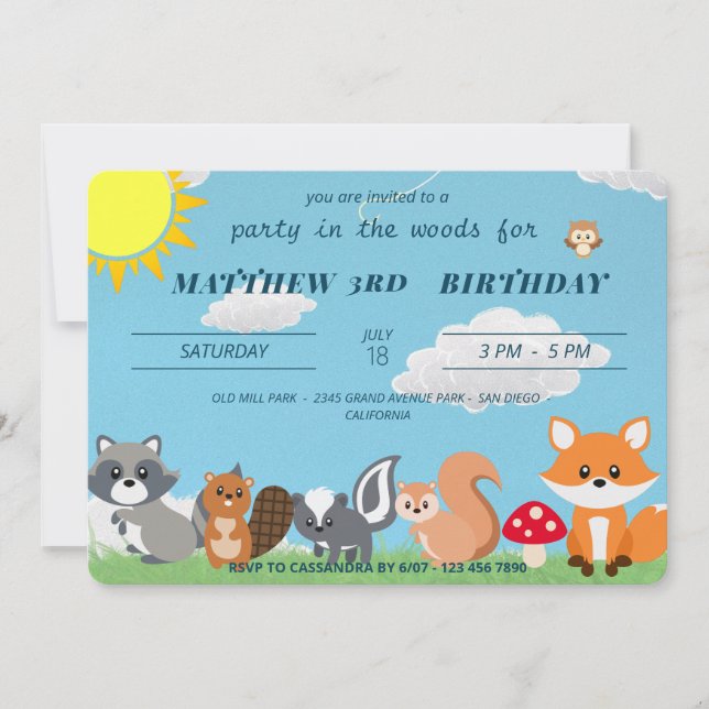 Cute Party In The Woodland Animals Kids Birhtday Invitation (Front)