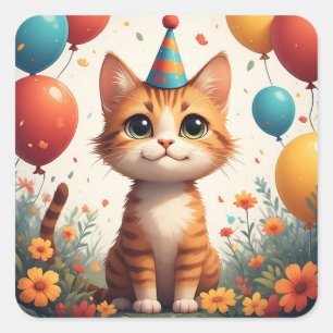 Cute Party Kitten With Flowers And Balloons 🎂 Square Sticker