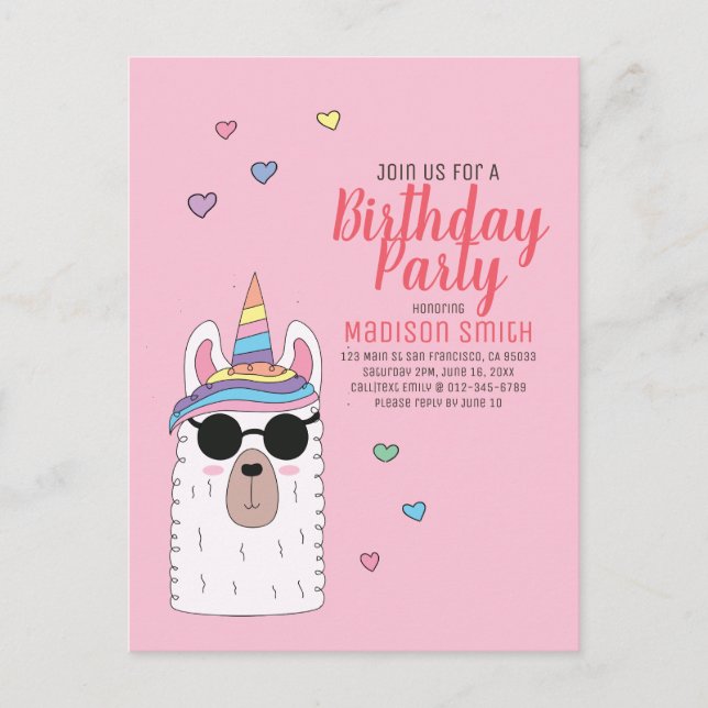 Cute Party Llamacorn Birthday Invitation (Front)