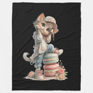 Cute Pastel Adorable Cat & Macaron Sweets Cosy  Fleece Blanket