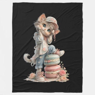 Cute Pastel Adorable Cat & Macaron Sweets Cozy  Fleece Blanket