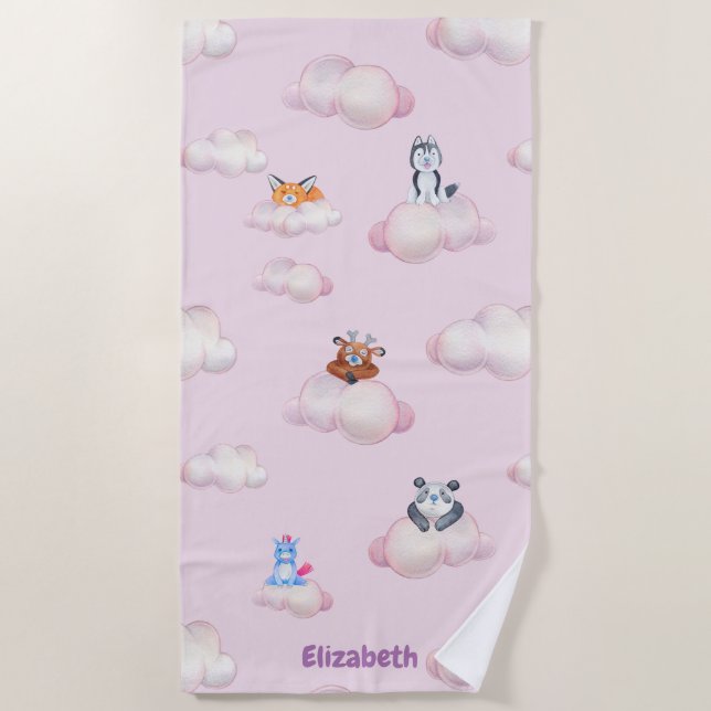 Cute Pastel Animals On Clouds Monogram Beach Towel (Front)